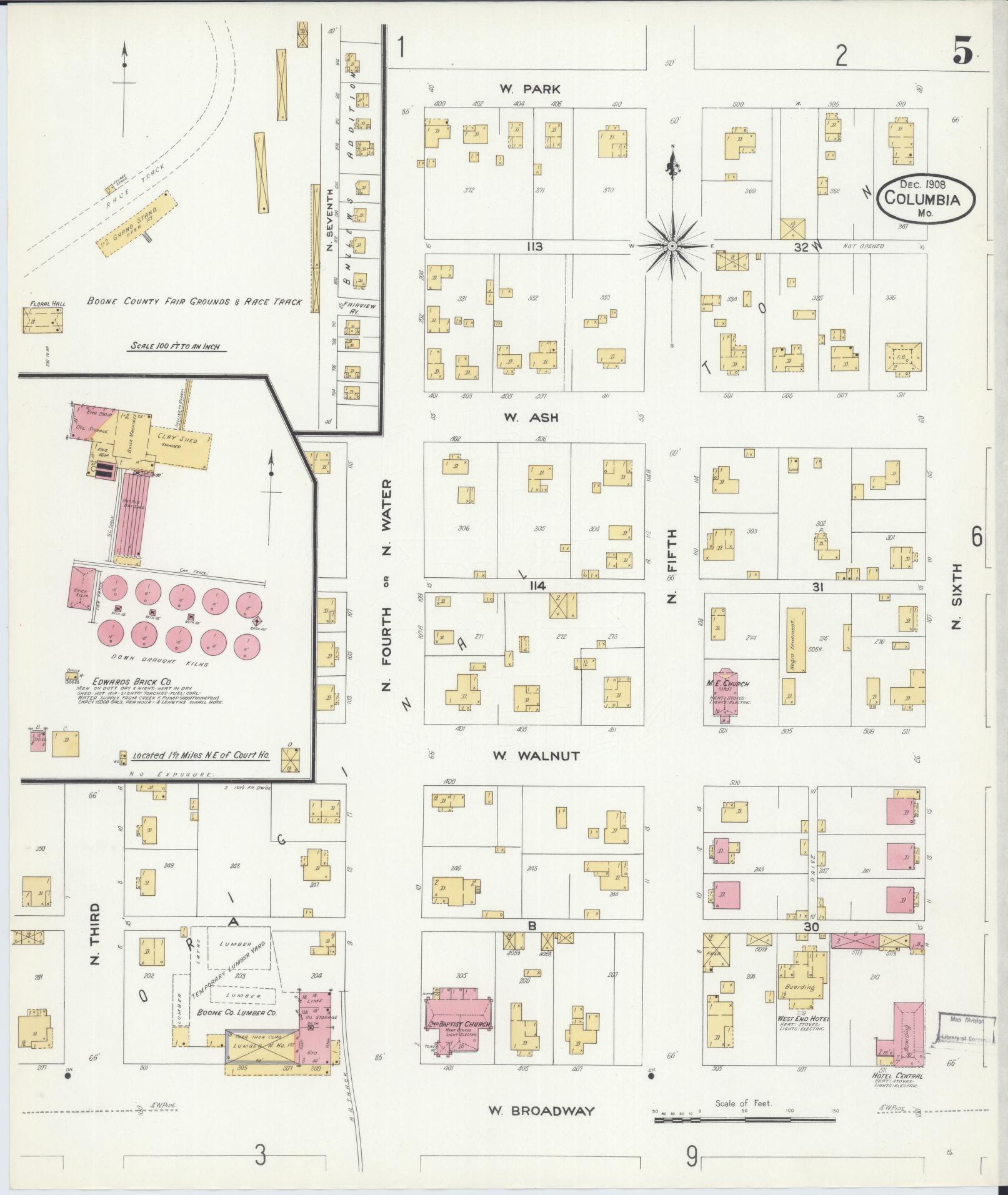 Sanborn Fire Insurance Map from Columbia, Boone County, Missouri (1908), Sheet #0005 - Historic Sanborn Fire Insurance Map Print, vintage old map wall art, antique decor, genealogy gift, Missouri Missouri map