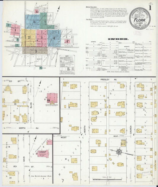 Sanborn Fire Insurance Map from Flora, Clay County, Illinois (1912), Sheet #0001 - Complete Map Set gallery image, historic Sanborn map, vintage wall art, Illinois Illinois
