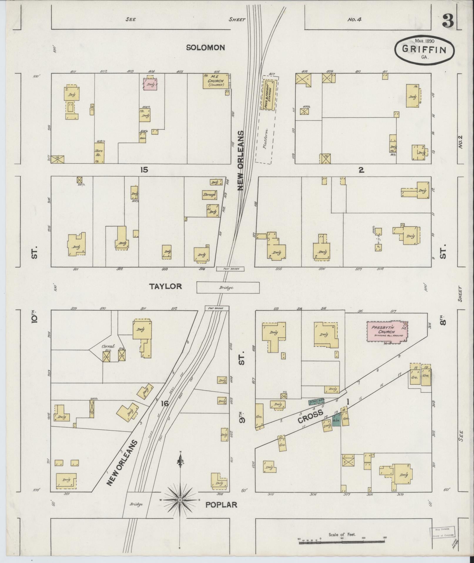 Sanborn Fire Insurance Map from Griffin, Spalding County, Georgia (1890), Sheet #0003 - Historic Sanborn Fire Insurance Map Print, vintage old map wall art, antique decor, genealogy gift, Georgia Georgia map