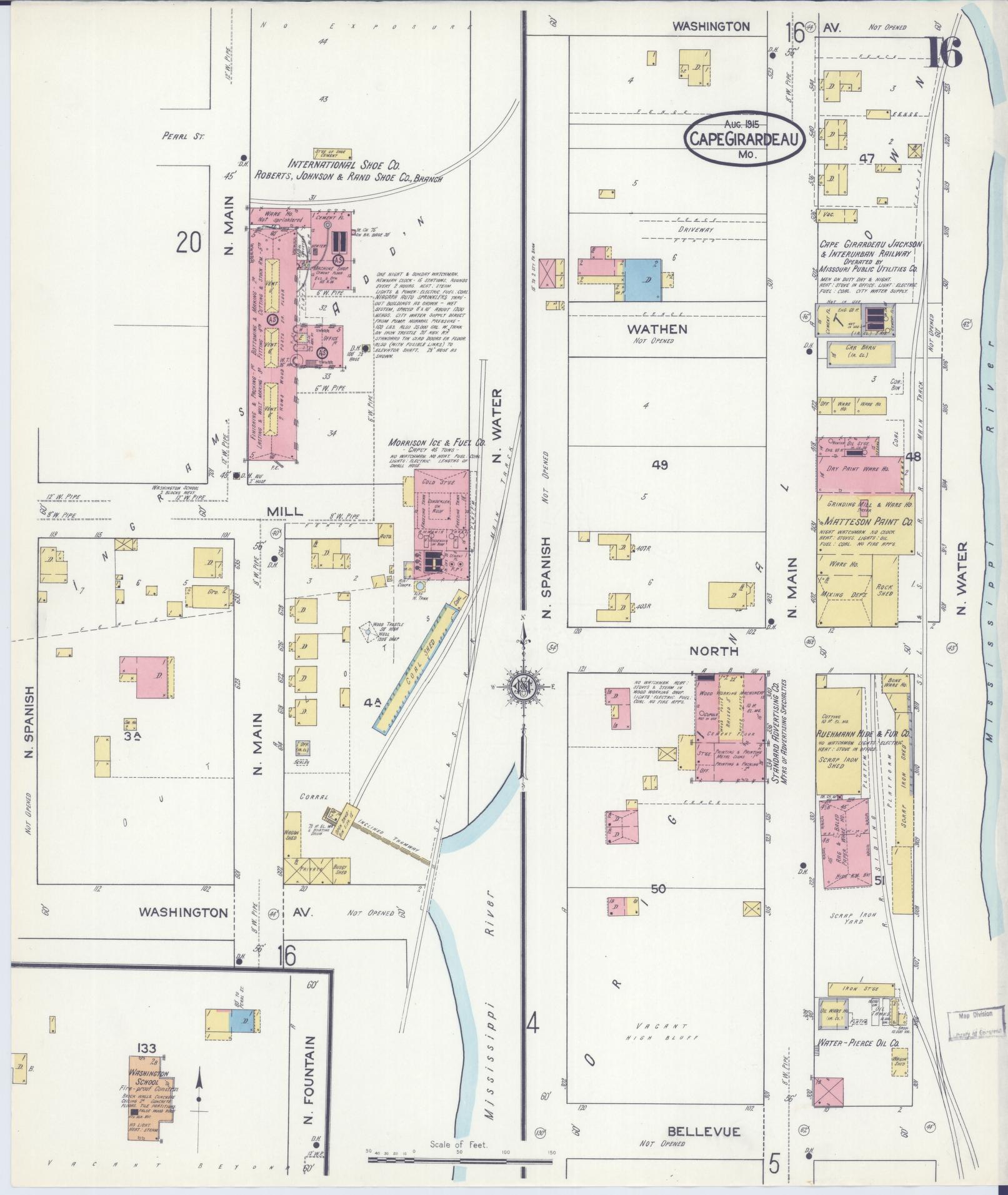 Sanborn Fire Insurance Map from Cape Girardeau, Cape Girardeau County, Missouri (1915), Sheet #0016 - Historic Sanborn Fire Insurance Map Print, vintage old map wall art, antique decor, genealogy gift, Missouri Missouri map