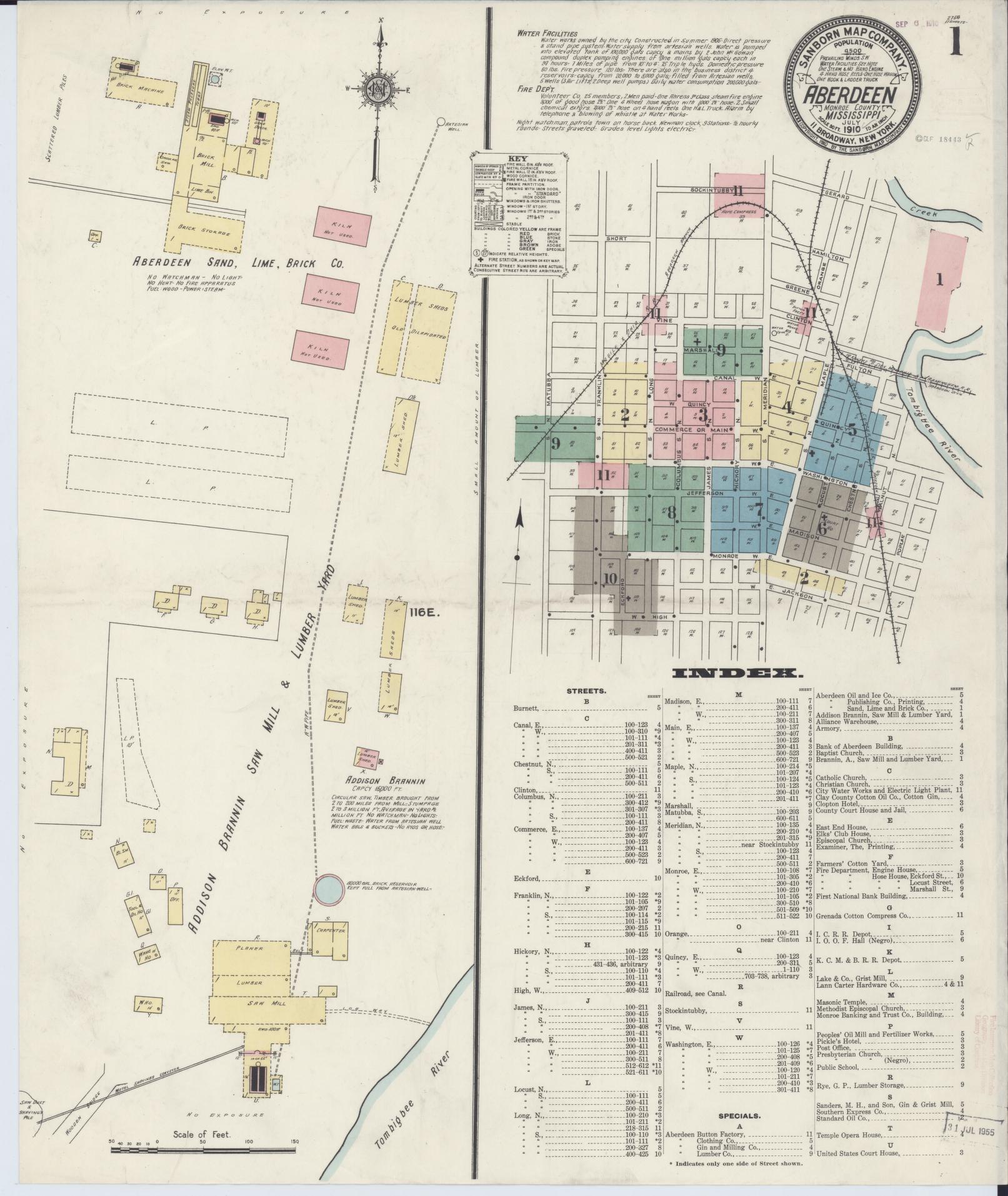 Sanborn Fire Insurance Map from Aberdeen, Monroe County, Mississippi (1910), Sheet #0001 - Complete Map Set gallery image, historic Sanborn map, vintage wall art, Mississippi Mississippi