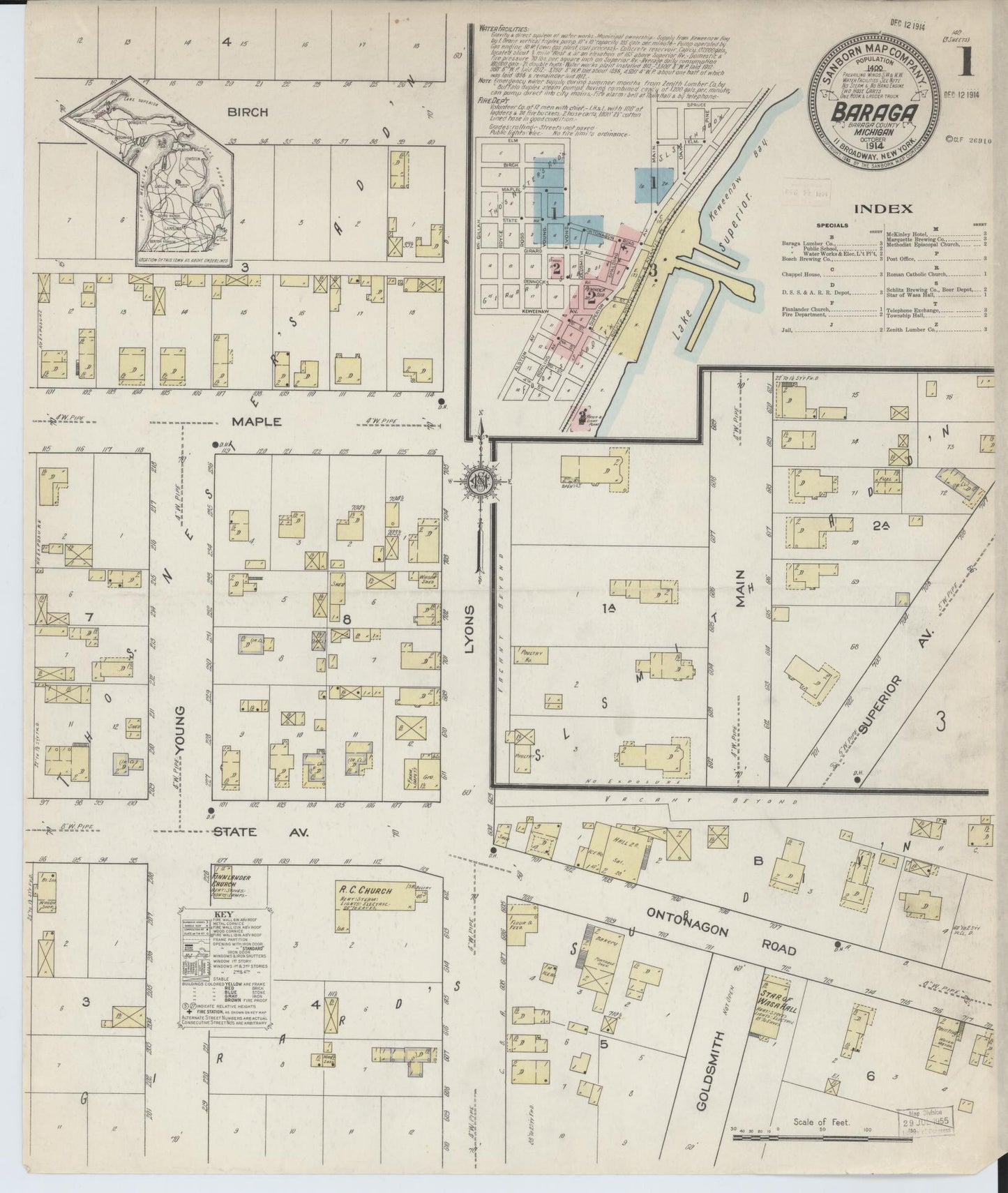 Sanborn Fire Insurance Map from Baraga, Baraga County, Michigan (1914), Sheet #0001 - Historic Sanborn Fire Insurance Map Print, vintage old map wall art, antique decor, genealogy gift, Michigan Michigan map