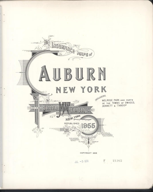 Sanborn Fire Insurance Map from Auburn, Cayuga County, New York (1955), Sheet #0001 - Historic Sanborn Fire Insurance Map Print, vintage old map wall art, antique decor, genealogy gift, New York New York map