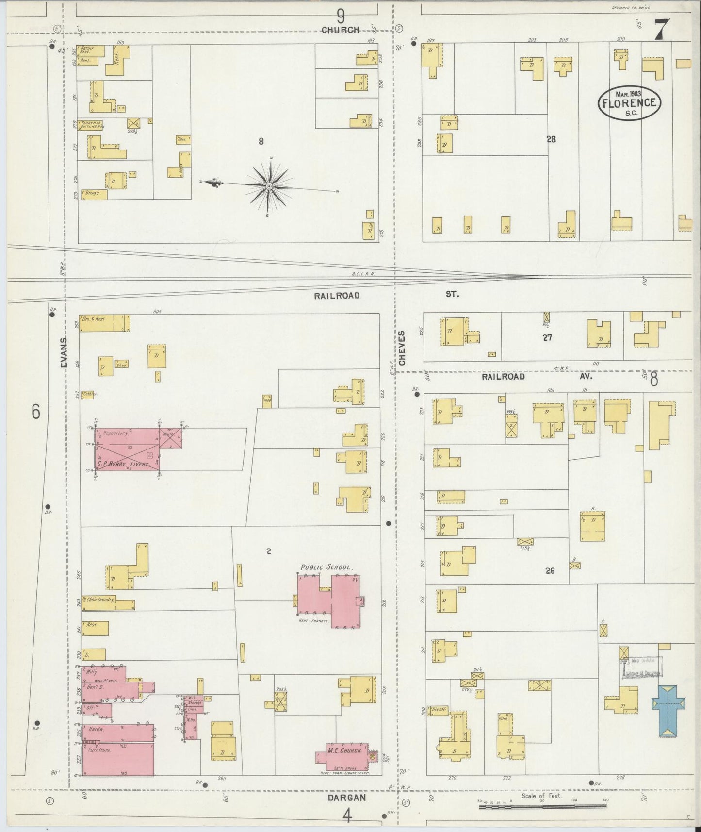 Sanborn Fire Insurance Map from Florence, Florence County, South Carolina (1903), Sheet #0007 - Historic Sanborn Fire Insurance Map Print, vintage old map wall art, antique decor, genealogy gift, South Carolina South Carolina map