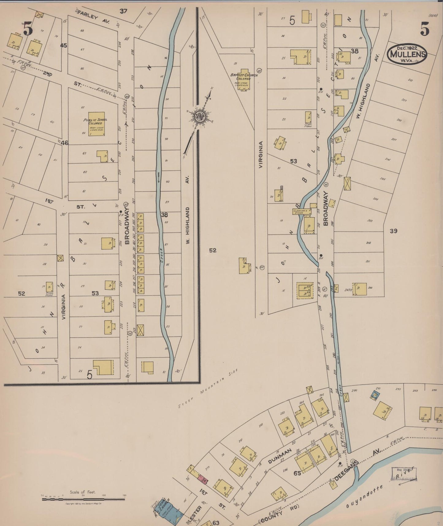 Sanborn Fire Insurance Map from Mullens, Wyoming County, West Virginia (1922), Sheet #0005 - Historic Sanborn Fire Insurance Map Print, vintage old map wall art, antique decor, genealogy gift, Mullens Wyoming map