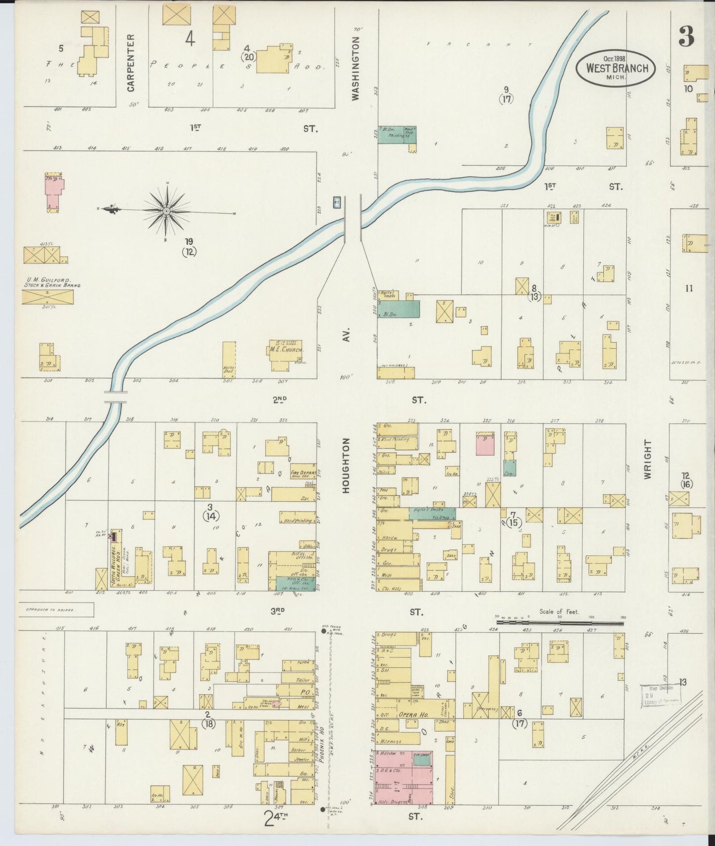 Sanborn Fire Insurance Map from West Branch, Ogemaw County, Michigan (1898), Sheet #0003 - Historic Sanborn Fire Insurance Map Print, vintage old map wall art, antique decor, genealogy gift, Michigan Michigan map