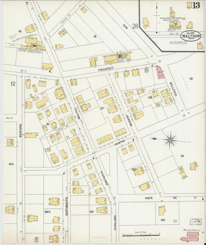 Sanborn Fire Insurance Map from Waltham, Middlesex County, Massachusetts (1897), Sheet #0013 - Historic Sanborn Fire Insurance Map Print, vintage old map wall art, antique decor, genealogy gift, Massachusetts Massachusetts map