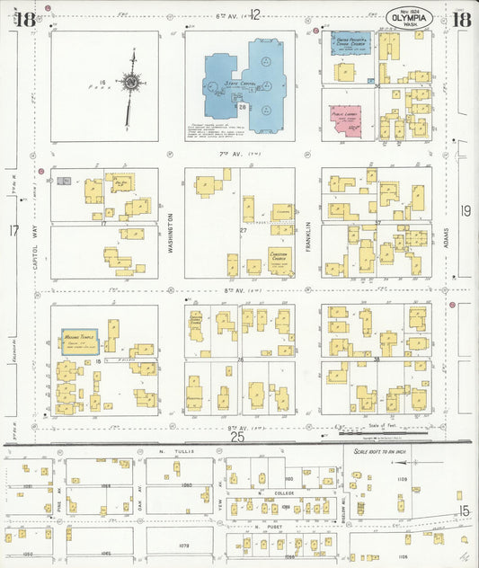 Sanborn Fire Insurance Map from Olympia, Thurston County, Washington (1924), Sheet #0018 - Historic Sanborn Fire Insurance Map Print, vintage old map wall art, antique decor, genealogy gift, Washington Washington map