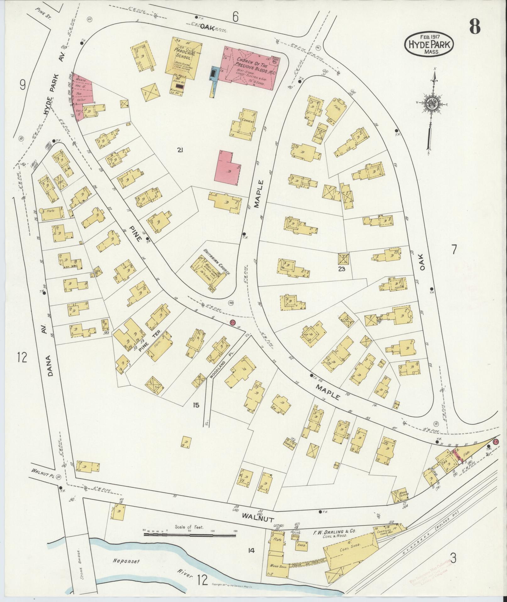 Sanborn Fire Insurance Map from Hyde Park, Norfolk County, Massachusetts (1917), Sheet #0008 - Historic Sanborn Fire Insurance Map Print, vintage old map wall art, antique decor, genealogy gift, Massachusetts Massachusetts map