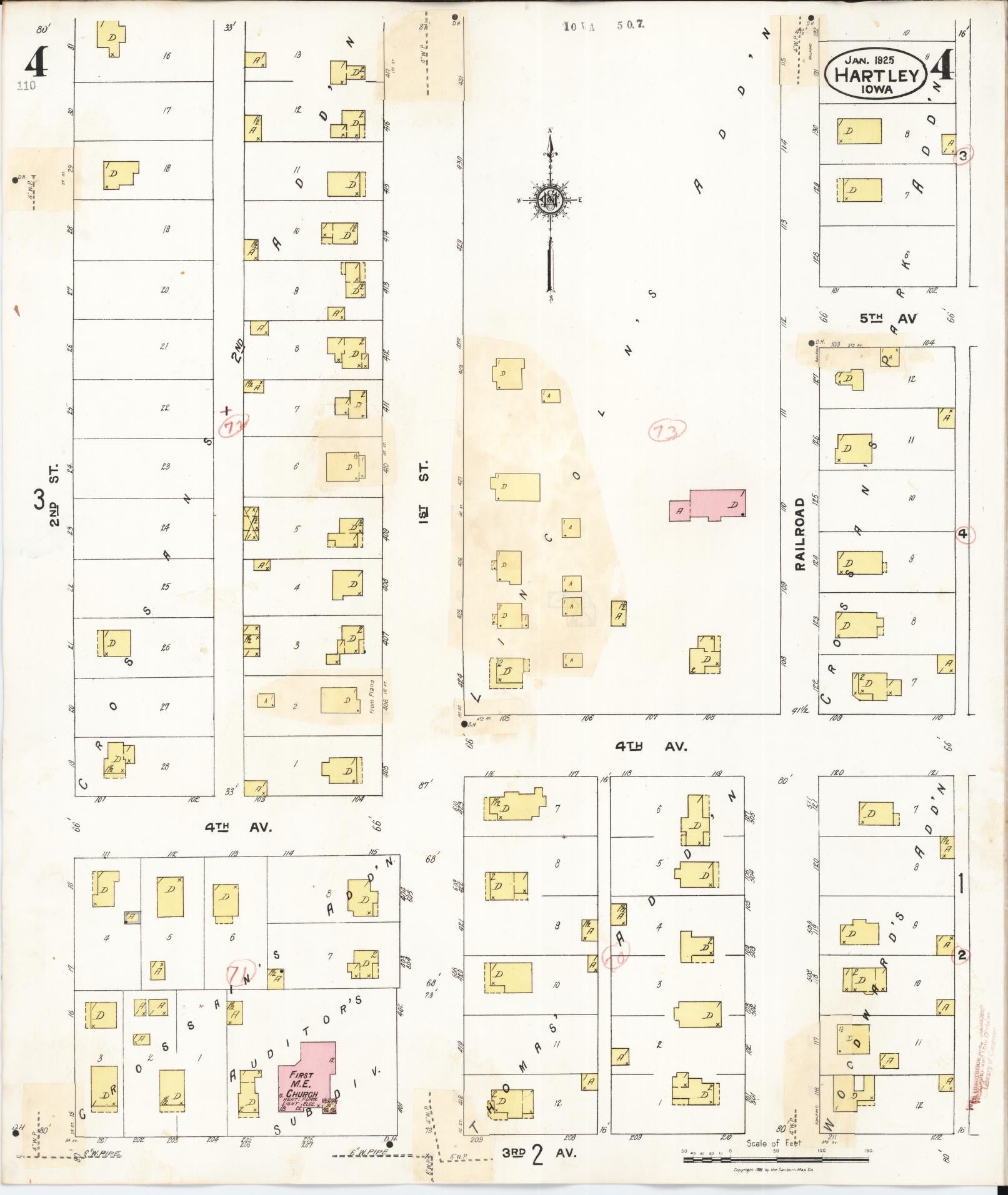 Sanborn Fire Insurance Map from Hartley, O'Brien County, Iowa (1936), Sheet #0004 - Historic Sanborn Fire Insurance Map Print, vintage old map wall art