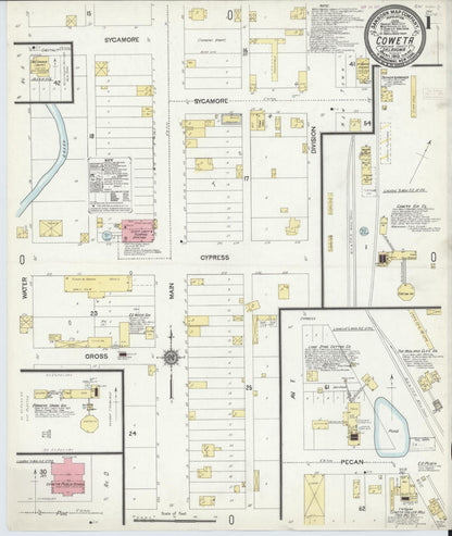 Sanborn Fire Insurance Map from Coweta, Wagoner County, Oklahoma (1910), Sheet #0001 - Complete Map Set gallery image, historic Sanborn map, vintage wall art, Oklahoma Oklahoma