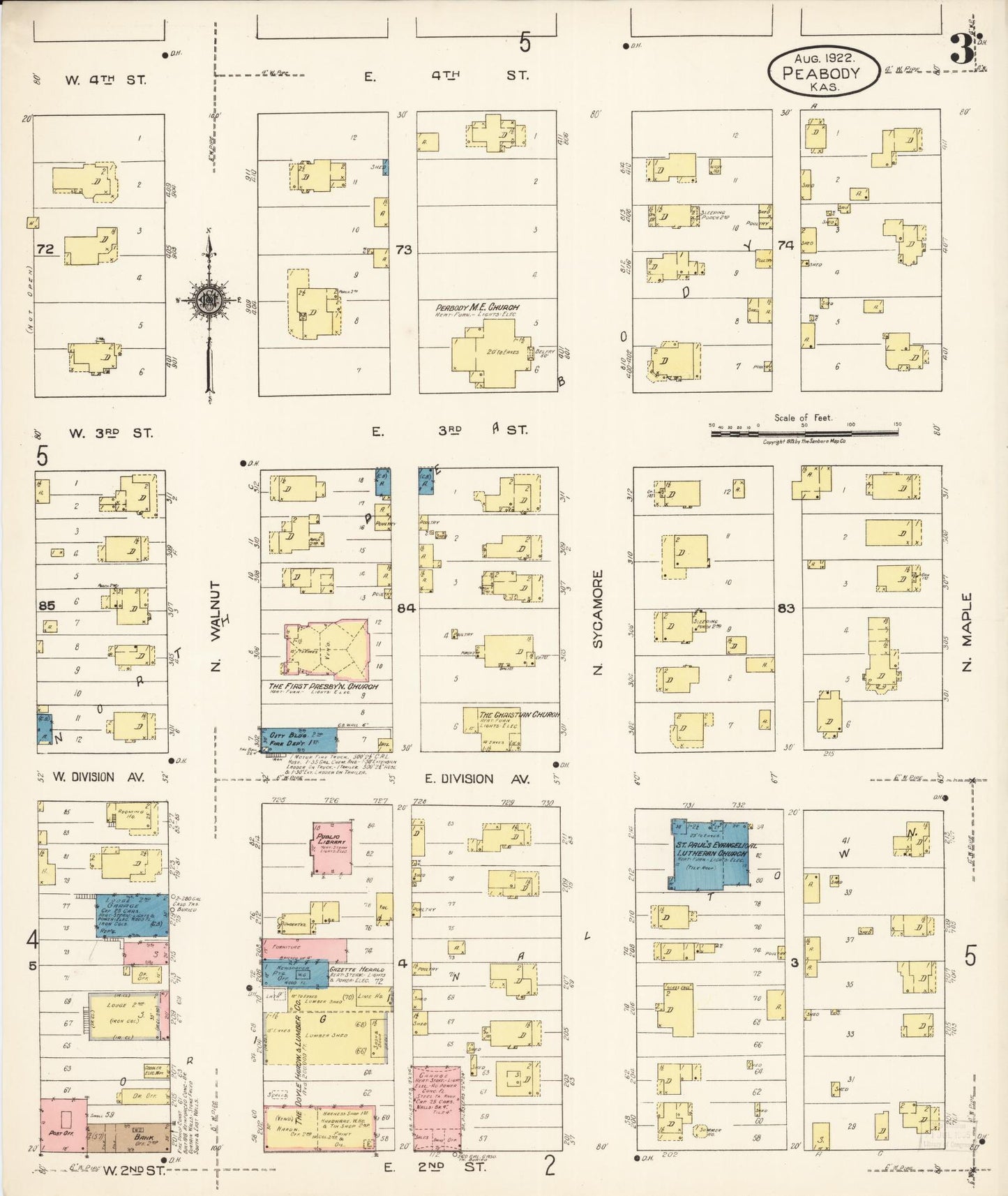 Sanborn Fire Insurance Map from Peabody, Marion County, Kansas (1922), Sheet #0003 - Complete Map Set gallery image, historic Sanborn map, vintage wall art, Kansas Kansas