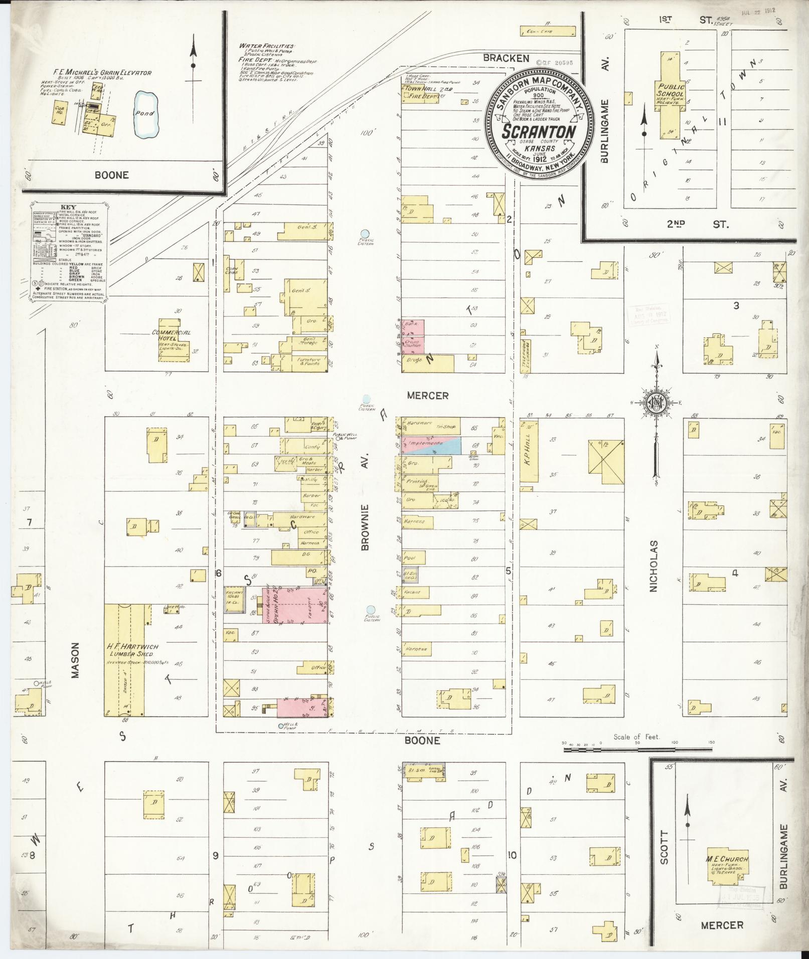 Sanborn Fire Insurance Map from Scranton, Osage County, Kansas (1912), Sheet #0001 - Historic Sanborn Fire Insurance Map Print, vintage old map wall art, antique decor, genealogy gift, Kansas Kansas map
