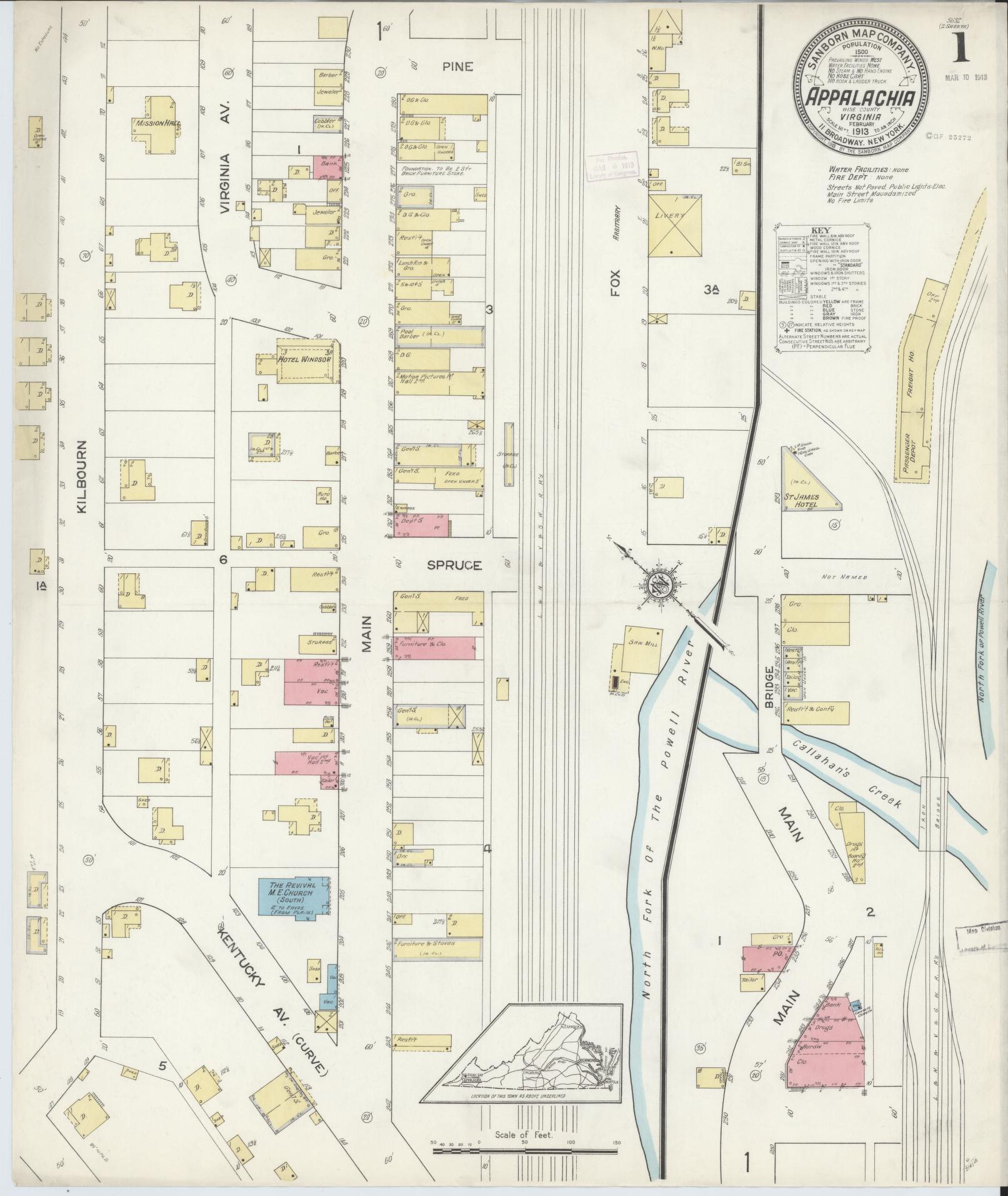 Sanborn Fire Insurance Map from Appalachia, Wise County, Virginia (1913), Sheet #0001 - Complete Map Set gallery image, historic Sanborn map, vintage wall art, Virginia Virginia