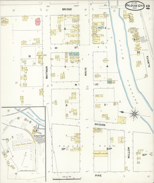 Sanborn Fire Insurance Map from Palouse City, Whitman County, Washington (1891), Sheet #0002 - Historic Sanborn Fire Insurance Map Print, vintage old map wall art, antique decor, genealogy gift, Washington Washington map