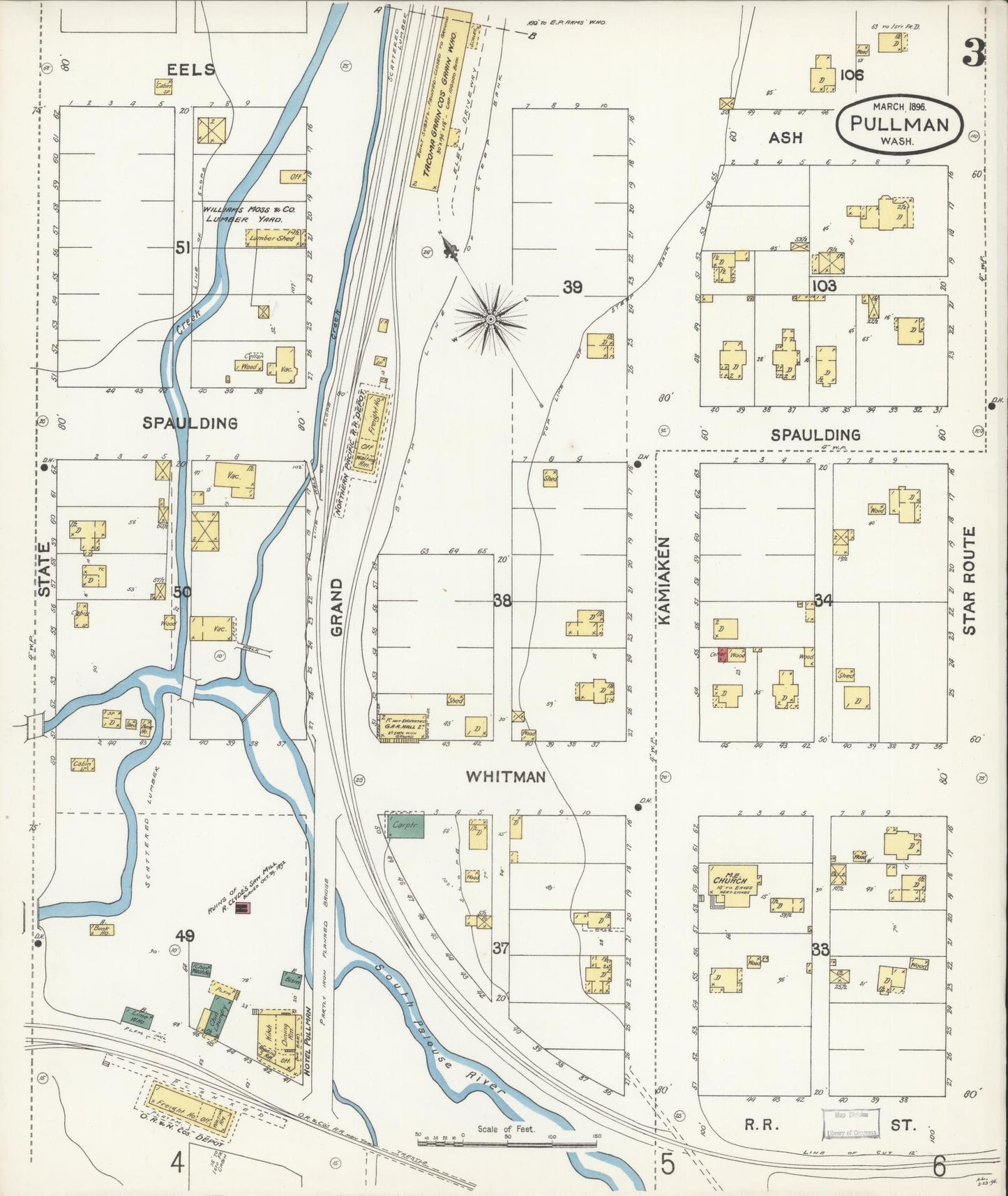 Sanborn Fire Insurance Map from Pullman, Whitman County, Washington (1896), Sheet #0003 - Complete Map Set gallery image, historic Sanborn map, vintage wall art, Washington Washington