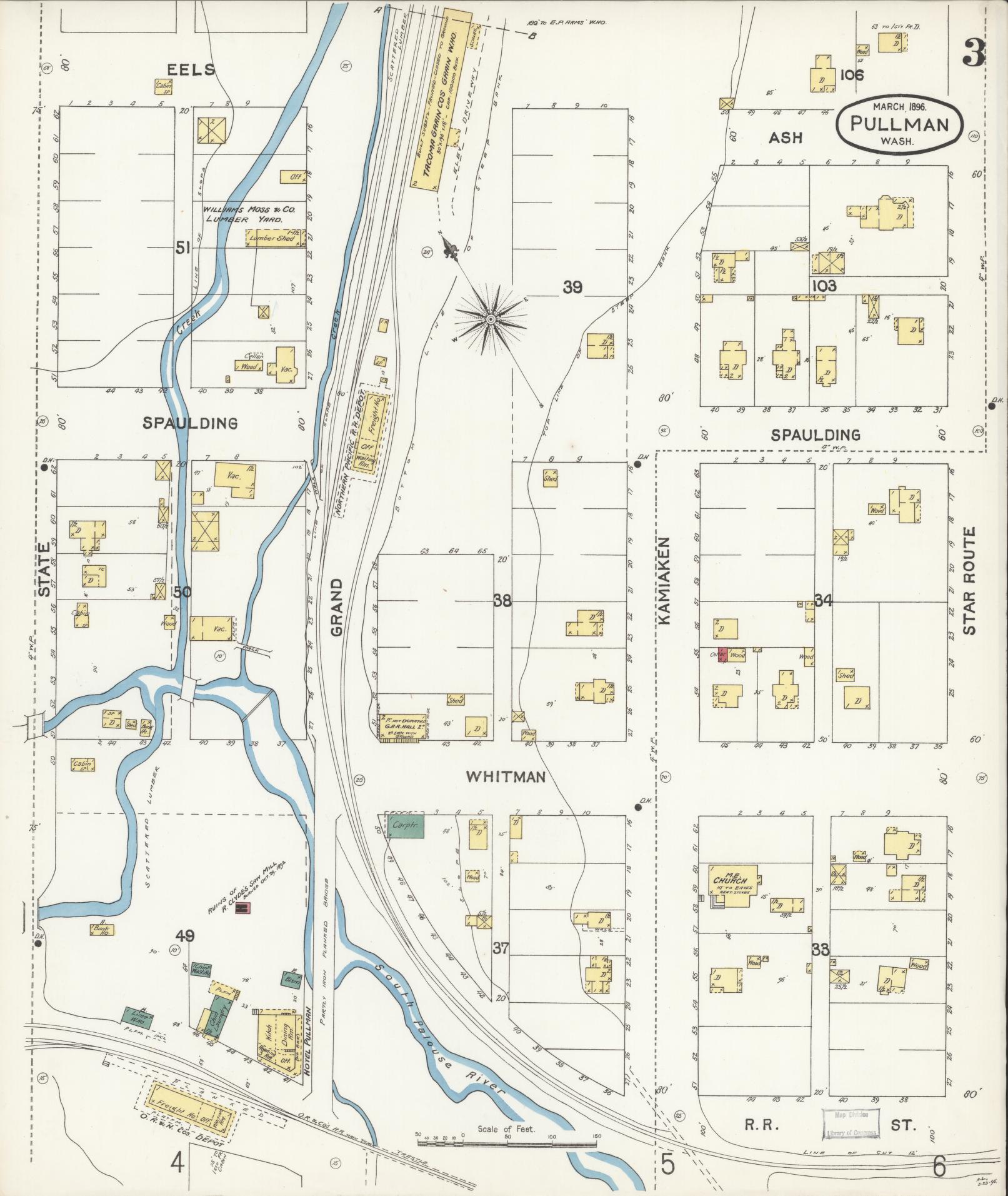 Sanborn Fire Insurance Map from Pullman, Whitman County, Washington (1896), Sheet #0003 - Complete Map Set gallery image, historic Sanborn map, vintage wall art, Washington Washington