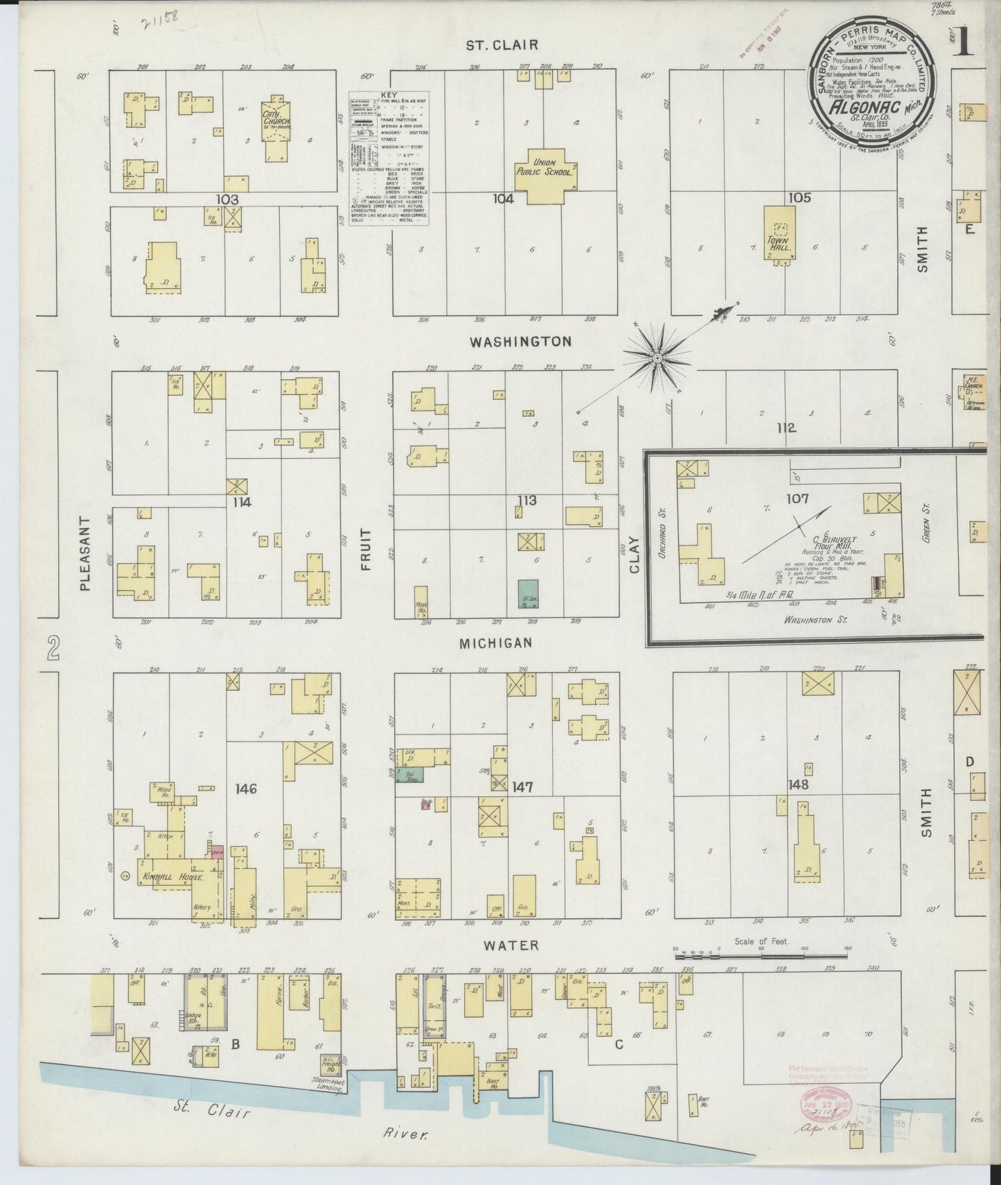 Sanborn Fire Insurance Map from Algonac, Saint Clair County, Michigan (1895), Sheet #0001 - Historic Sanborn Fire Insurance Map Print, vintage old map wall art, antique decor, genealogy gift, Michigan Michigan map