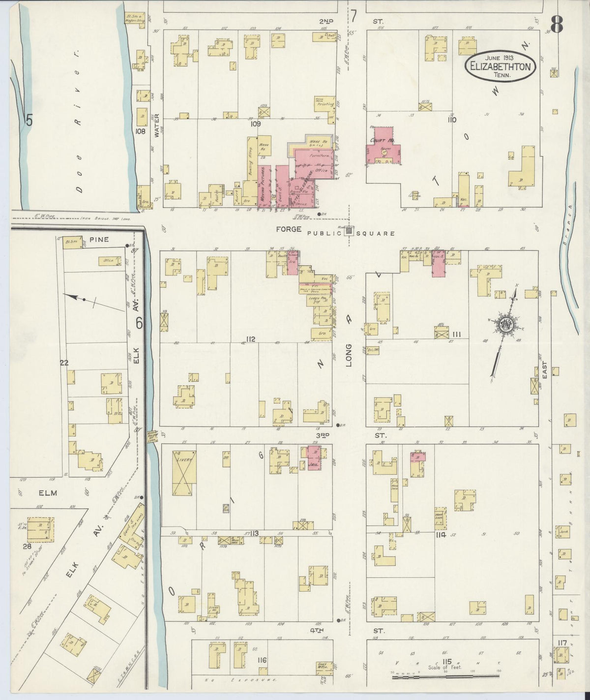 Sanborn Fire Insurance Map from Elizabethton, Carter County, Tennessee (1913), Sheet #0008 - Historic Sanborn Fire Insurance Map Print, vintage old map wall art, antique decor, genealogy gift, Tennessee Tennessee map