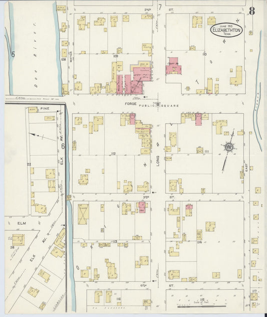 Sanborn Fire Insurance Map from Elizabethton, Carter County, Tennessee (1913), Sheet #0008 - Historic Sanborn Fire Insurance Map Print, vintage old map wall art, antique decor, genealogy gift, Tennessee Tennessee map