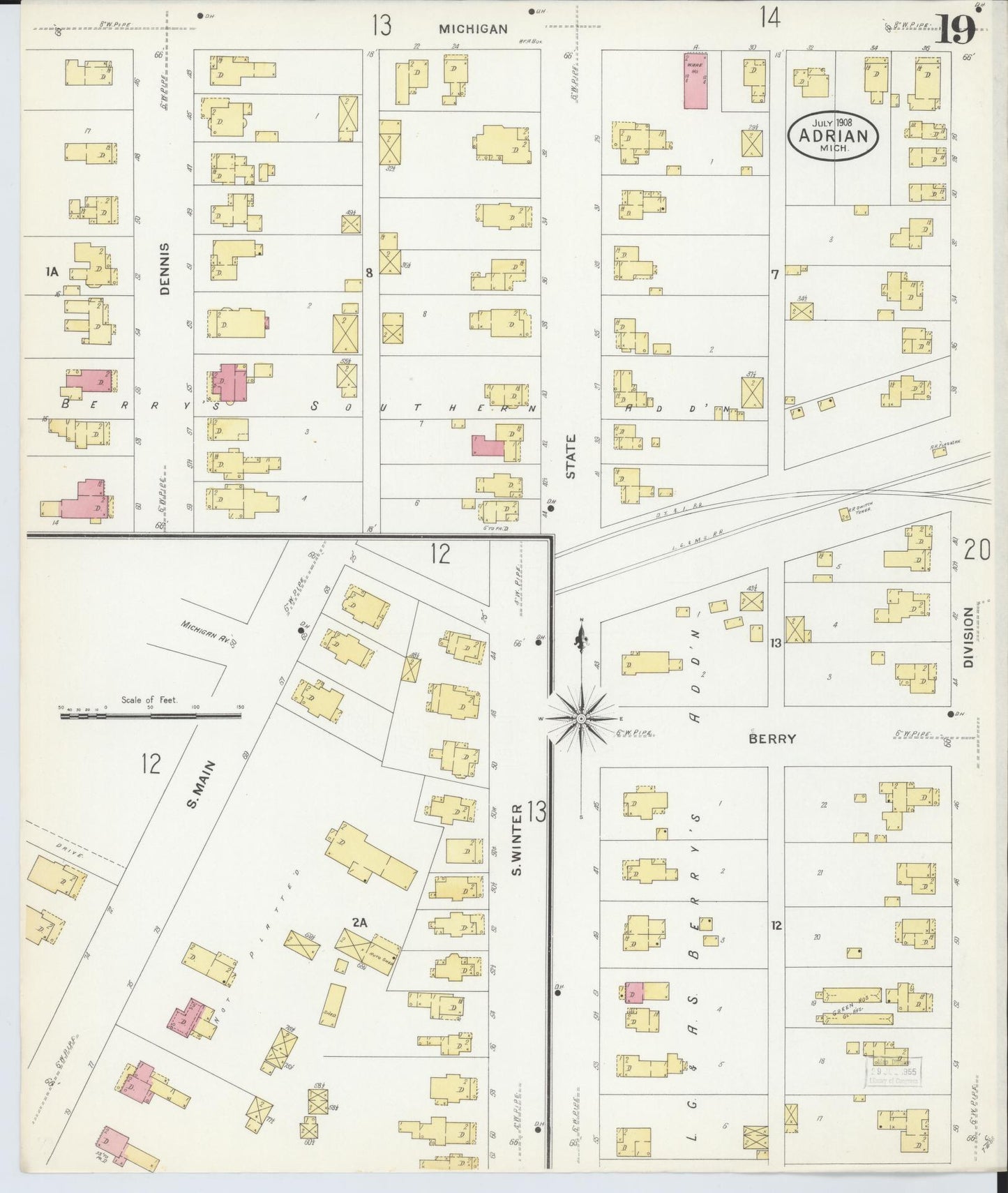 Sanborn Fire Insurance Map from Adrian, Lenawee County, Michigan (1908), Sheet #0019 - Historic Sanborn Fire Insurance Map Print, vintage old map wall art, antique decor, genealogy gift, Michigan Michigan map