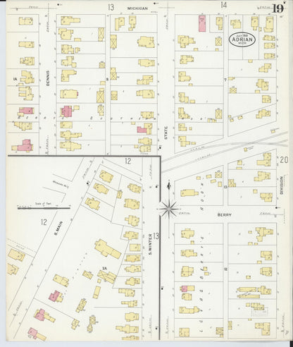 Sanborn Fire Insurance Map from Adrian, Lenawee County, Michigan (1908), Sheet #0019 - Historic Sanborn Fire Insurance Map Print, vintage old map wall art, antique decor, genealogy gift, Michigan Michigan map