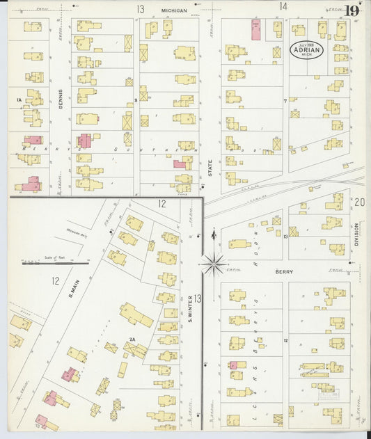 Sanborn Fire Insurance Map from Adrian, Lenawee County, Michigan (1908), Sheet #0019 - Historic Sanborn Fire Insurance Map Print, vintage old map wall art, antique decor, genealogy gift, Michigan Michigan map