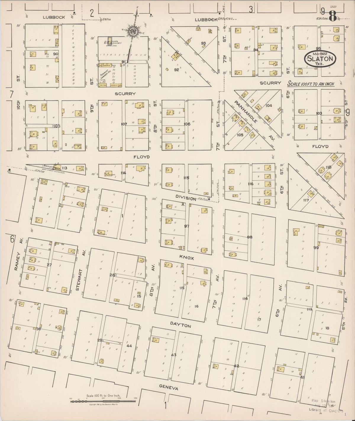 Sanborn Fire Insurance Map from Slaton, Lubbock County, Texas (1922), Sheet #0008 - Historic Sanborn Fire Insurance Map Print, vintage old map wall art, antique decor, genealogy gift, Texas Texas map