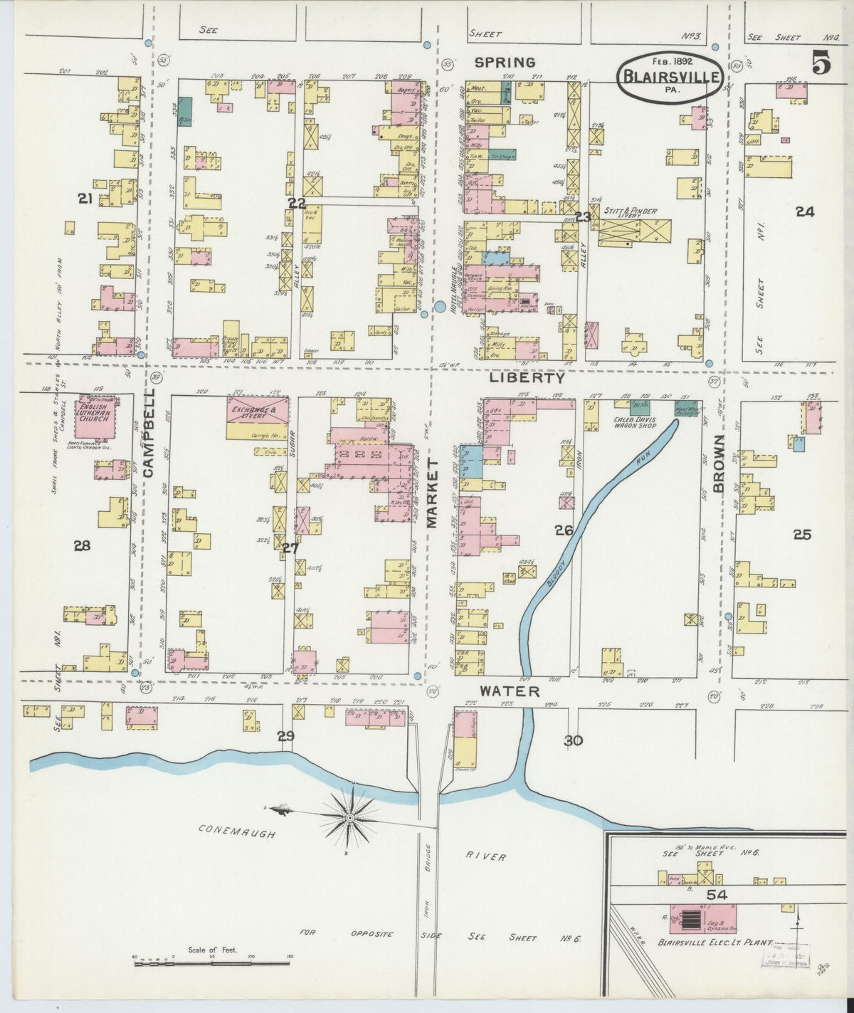 Sanborn Fire Insurance Map from Blairsville, Indiana County, Pennsylvania (1892), Sheet #0005 - Historic Sanborn Fire Insurance Map Print, vintage old map wall art, antique decor, genealogy gift, Blairsville Indiana map