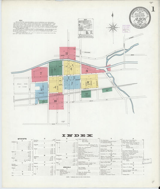 Sanborn Fire Insurance Map from Albion, Orleans County, New York (1905), Sheet #0001 - Historic Sanborn Fire Insurance Map Print, vintage old map wall art, antique decor, genealogy gift, New York New York map
