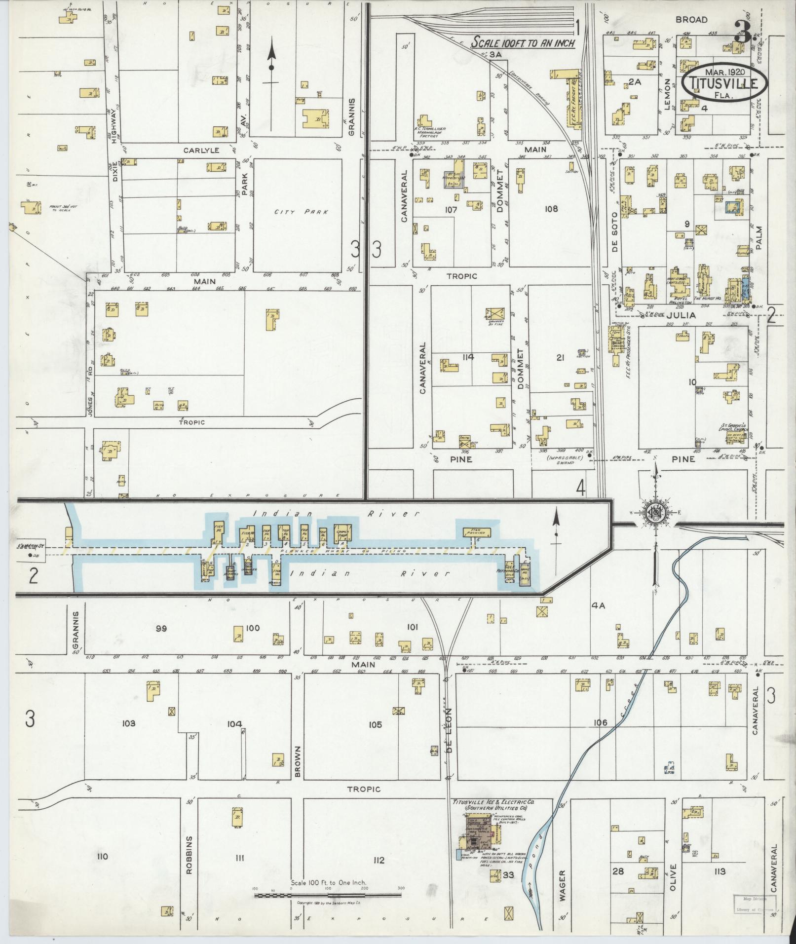 Sanborn Fire Insurance Map from Titusville, Brevard County, Florida (1920), Sheet #0003 - Complete Map Set gallery image, historic Sanborn map, vintage wall art, Florida Florida