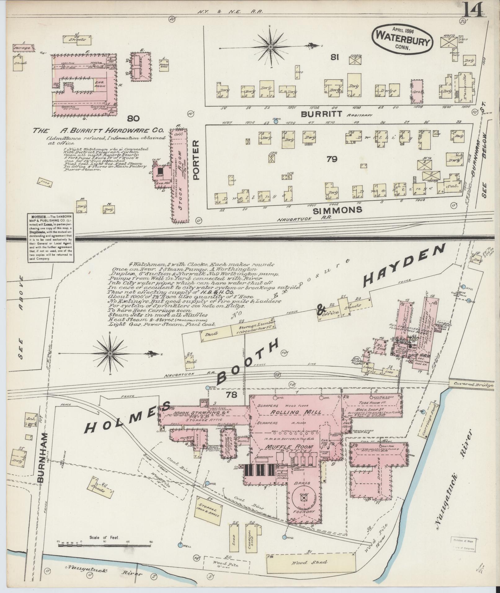 Sanborn Fire Insurance Map from Waterbury, New Haven County, Connecticut (1884), Sheet #0014 - Complete Map Set gallery image, historic Sanborn map, vintage wall art, Connecticut Connecticut