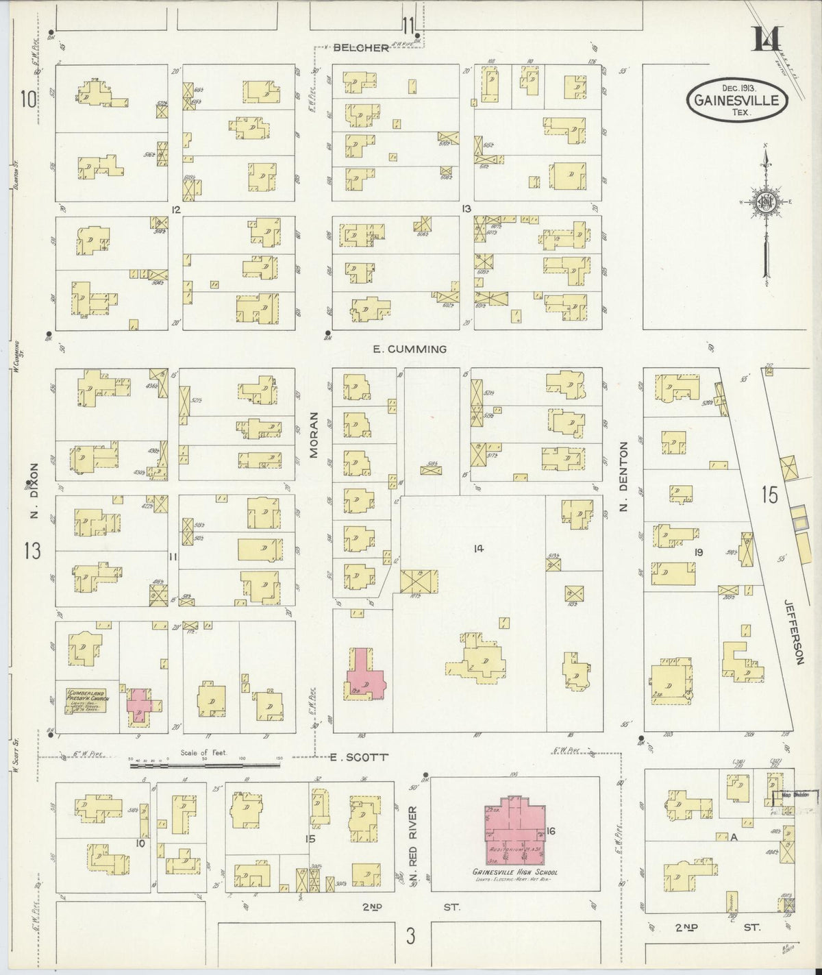 Sanborn Fire Insurance Map from Gainesville, Cooke County, Texas (1913), Sheet #0014 - Historic Sanborn Fire Insurance Map Print, vintage old map wall art, antique decor, genealogy gift, Texas Texas map
