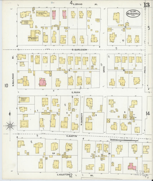 Sanborn Fire Insurance Map from Marshall, Harrison County, Texas (1904), Sheet #0013 - Historic Sanborn Fire Insurance Map Print, vintage old map wall art, antique decor, genealogy gift, Texas Texas map