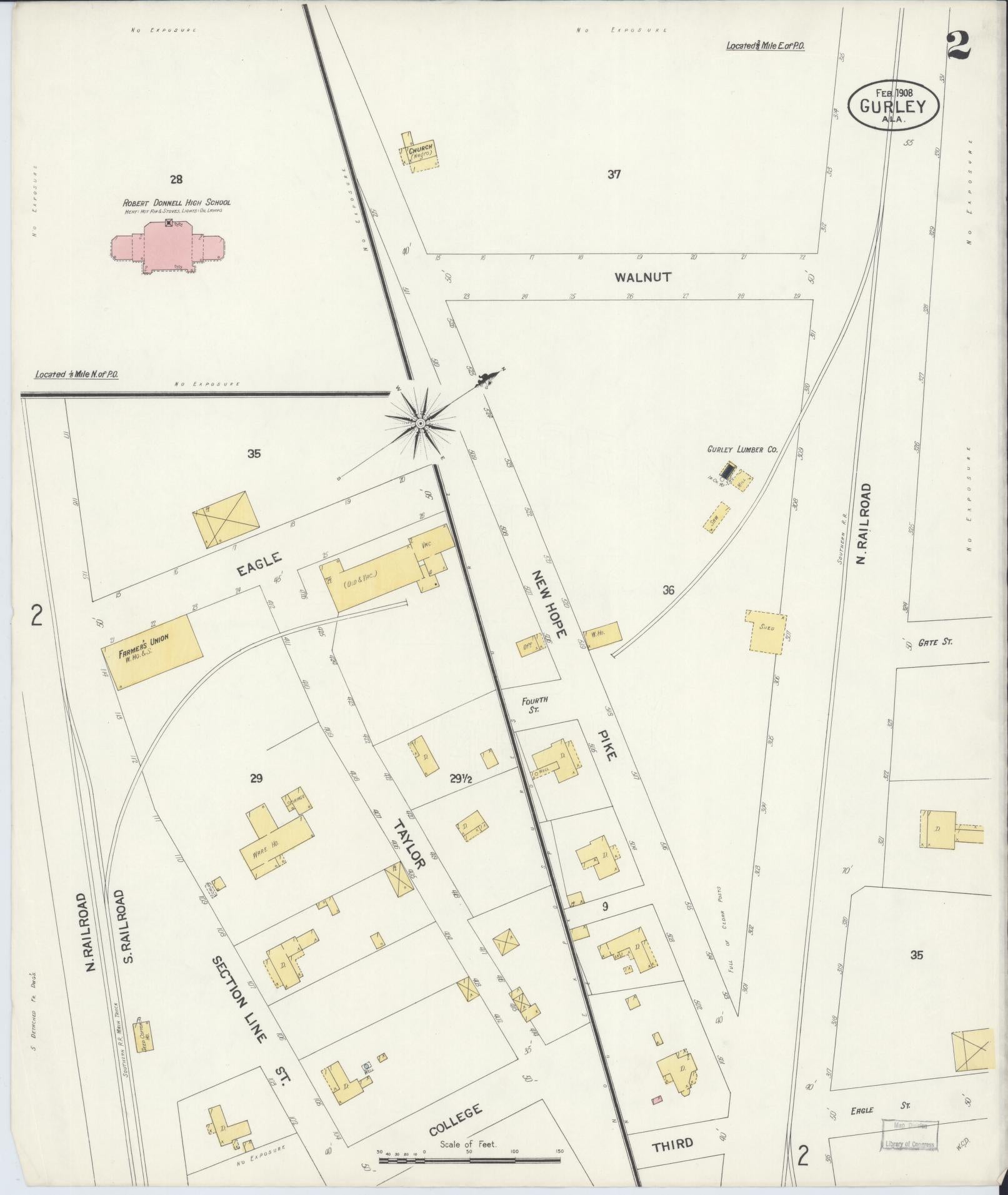 Sanborn Fire Insurance Map from Gurley, Madison County, Alabama (1908), Sheet #0002 - Historic Sanborn Fire Insurance Map Print, vintage old map wall art, antique decor, genealogy gift, Alabama Alabama map