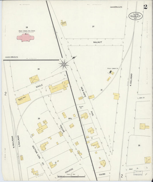Sanborn Fire Insurance Map from Gurley, Madison County, Alabama (1908), Sheet #0002 - Historic Sanborn Fire Insurance Map Print, vintage old map wall art, antique decor, genealogy gift, Alabama Alabama map