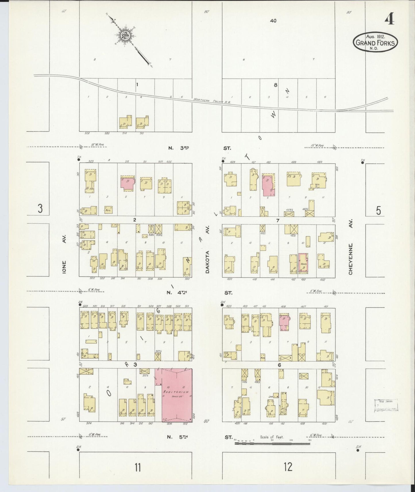 Sanborn Fire Insurance Map from Grand Forks, Grand Forks County, North Dakota (1912), Sheet #0004 - Historic Sanborn Fire Insurance Map Print, vintage old map wall art, antique decor, genealogy gift, North Dakota North Dakota map