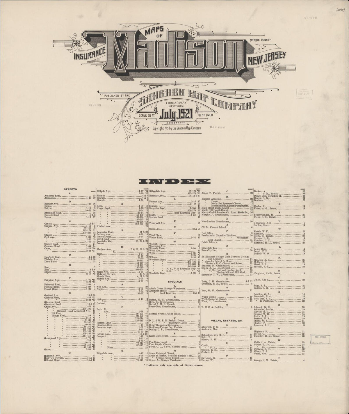 Sanborn Fire Insurance Map from Madison, Morris County, New Jersey (1921), Sheet #0001 - Historic Sanborn Fire Insurance Map Print, vintage old map wall art, antique decor, genealogy gift, New Jersey New Jersey map