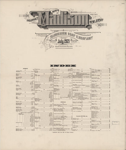Sanborn Fire Insurance Map from Madison, Morris County, New Jersey (1921), Sheet #0001 - Historic Sanborn Fire Insurance Map Print, vintage old map wall art, antique decor, genealogy gift, New Jersey New Jersey map