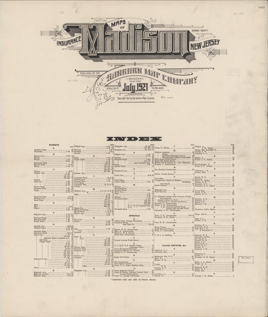 Sanborn Fire Insurance Map from Madison, Morris County, New Jersey (1921), Sheet #0001 - Historic Sanborn Fire Insurance Map Print, vintage old map wall art, antique decor, genealogy gift, New Jersey New Jersey map