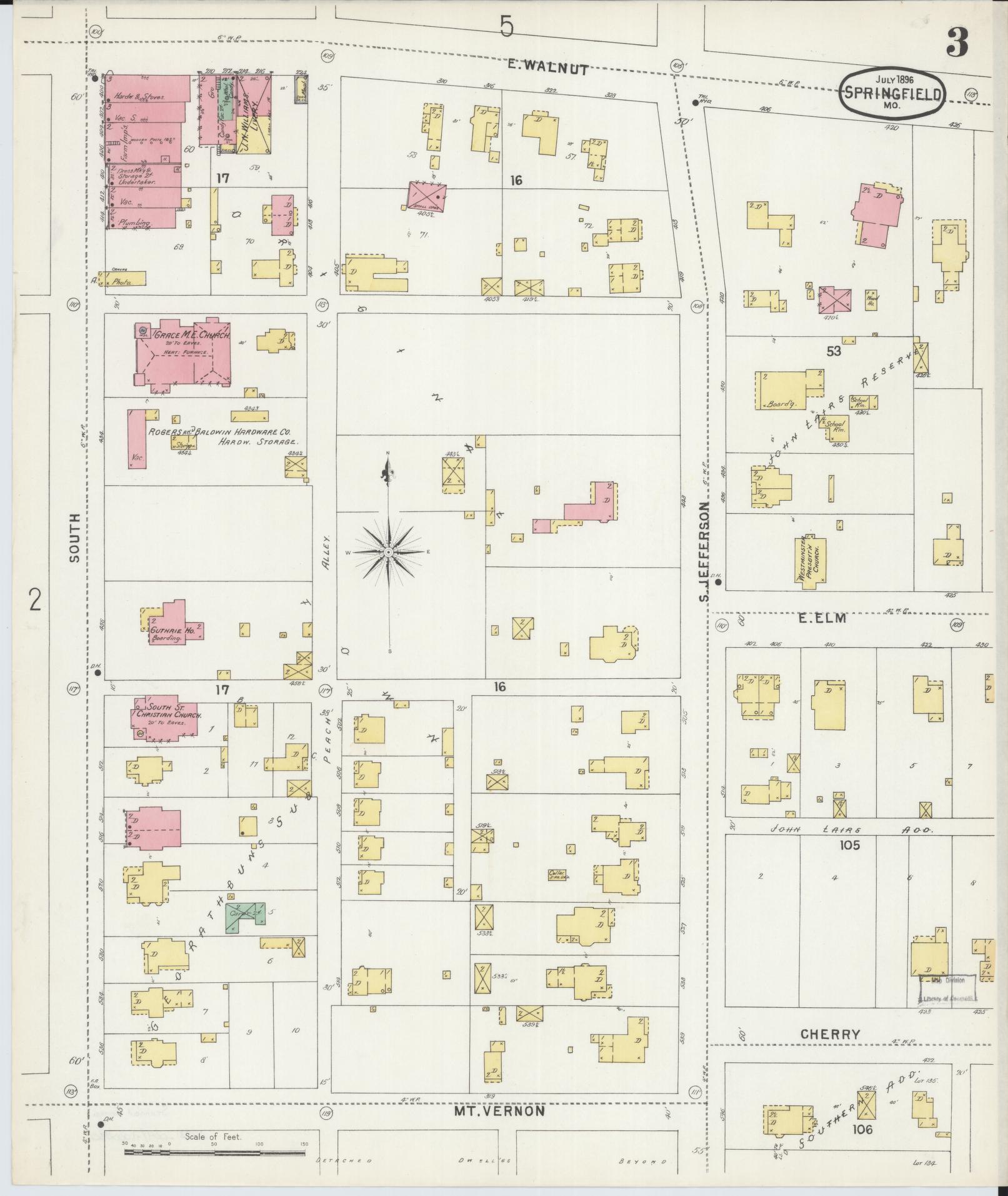Sanborn Fire Insurance Map from Springfield, Greene County, Missouri (1896), Sheet #0003 - Complete Map Set gallery image, historic Sanborn map, vintage wall art, Missouri Missouri