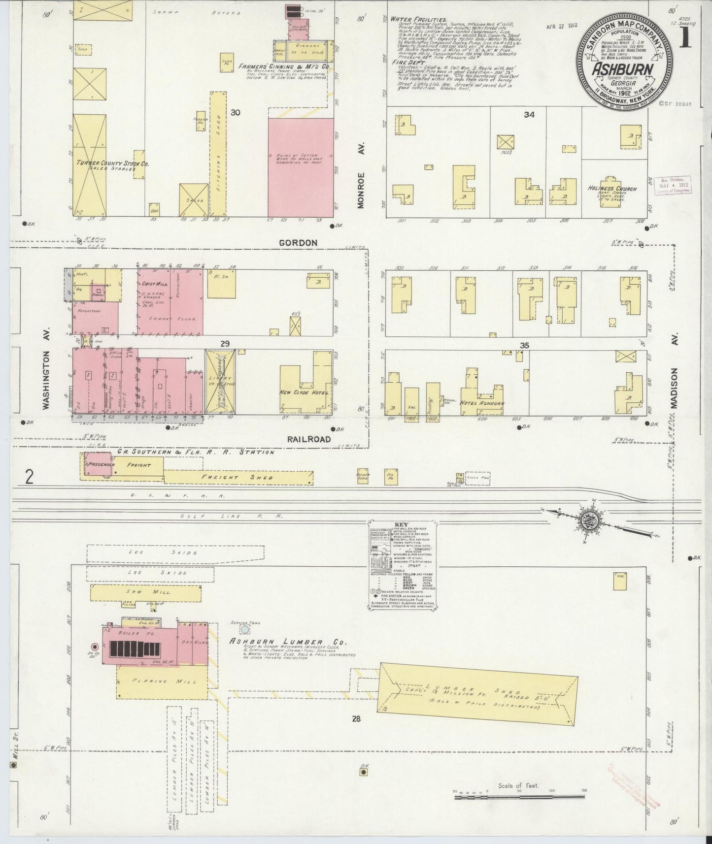 Sanborn Fire Insurance Map from Ashburn, Turner County, Georgia (1912), Sheet #0001 - Historic Sanborn Fire Insurance Map Print, vintage old map wall art, antique decor, genealogy gift, Georgia Georgia map
