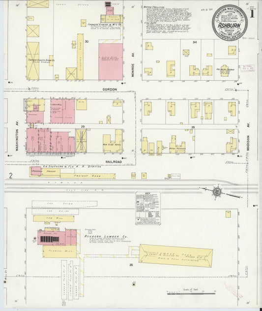 Sanborn Fire Insurance Map from Ashburn, Turner County, Georgia (1912), Sheet #0001 - Historic Sanborn Fire Insurance Map Print, vintage old map wall art, antique decor, genealogy gift, Georgia Georgia map