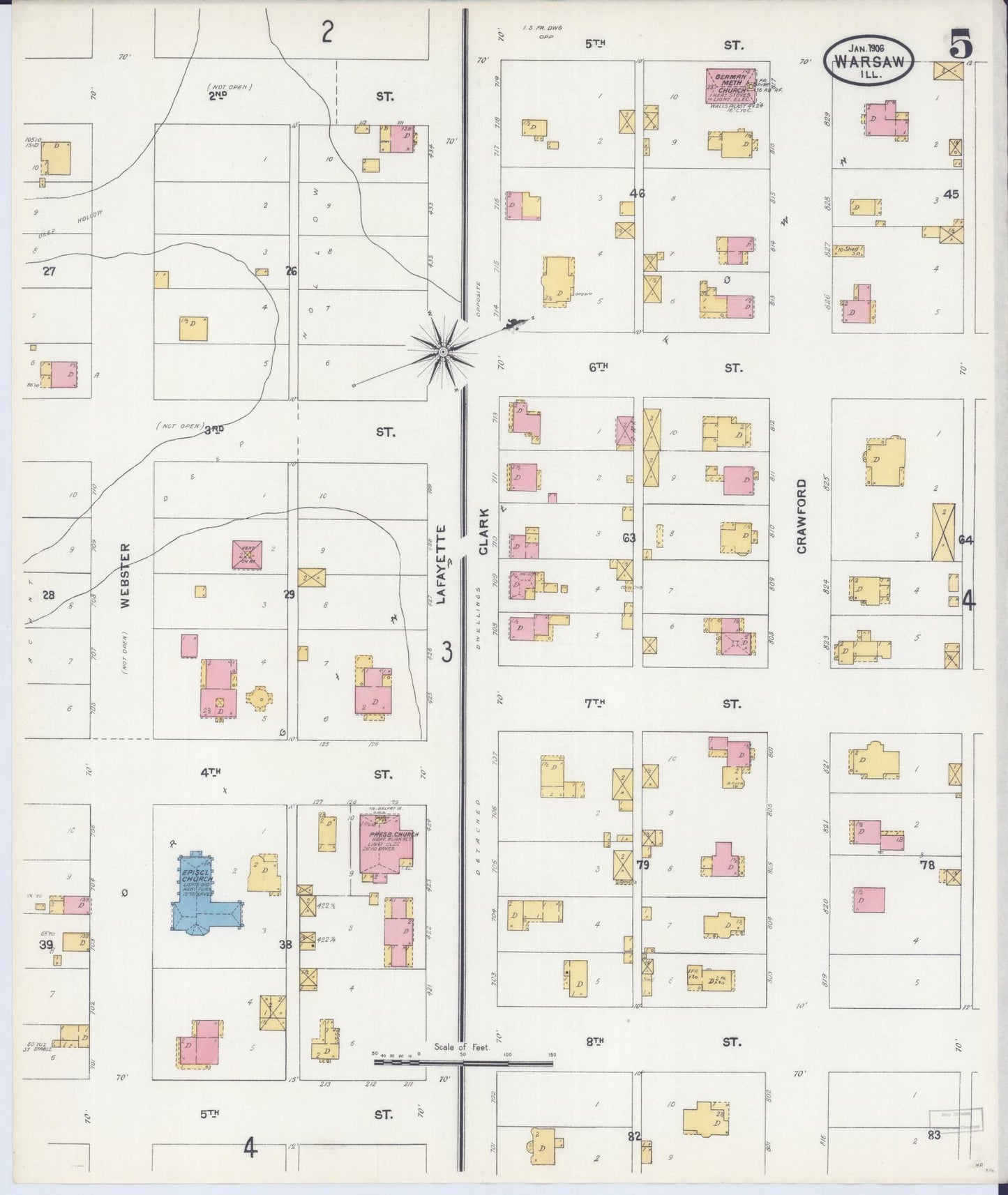 Sanborn Fire Insurance Map from Warsaw, Hancock County, Illinois (1906), Sheet #0005 - Complete Map Set gallery image, historic Sanborn map, vintage wall art, Illinois Illinois
