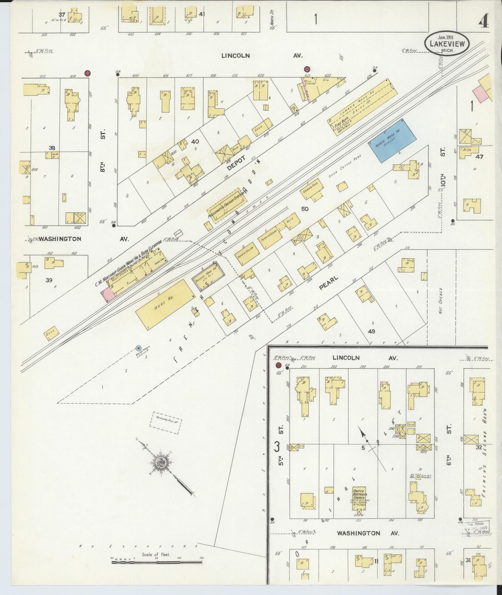 Sanborn Fire Insurance Map from Lakeview, Montcalm County, Michigan (1911), Sheet #0004 - Complete Map Set gallery image, historic Sanborn map, vintage wall art, Michigan Michigan