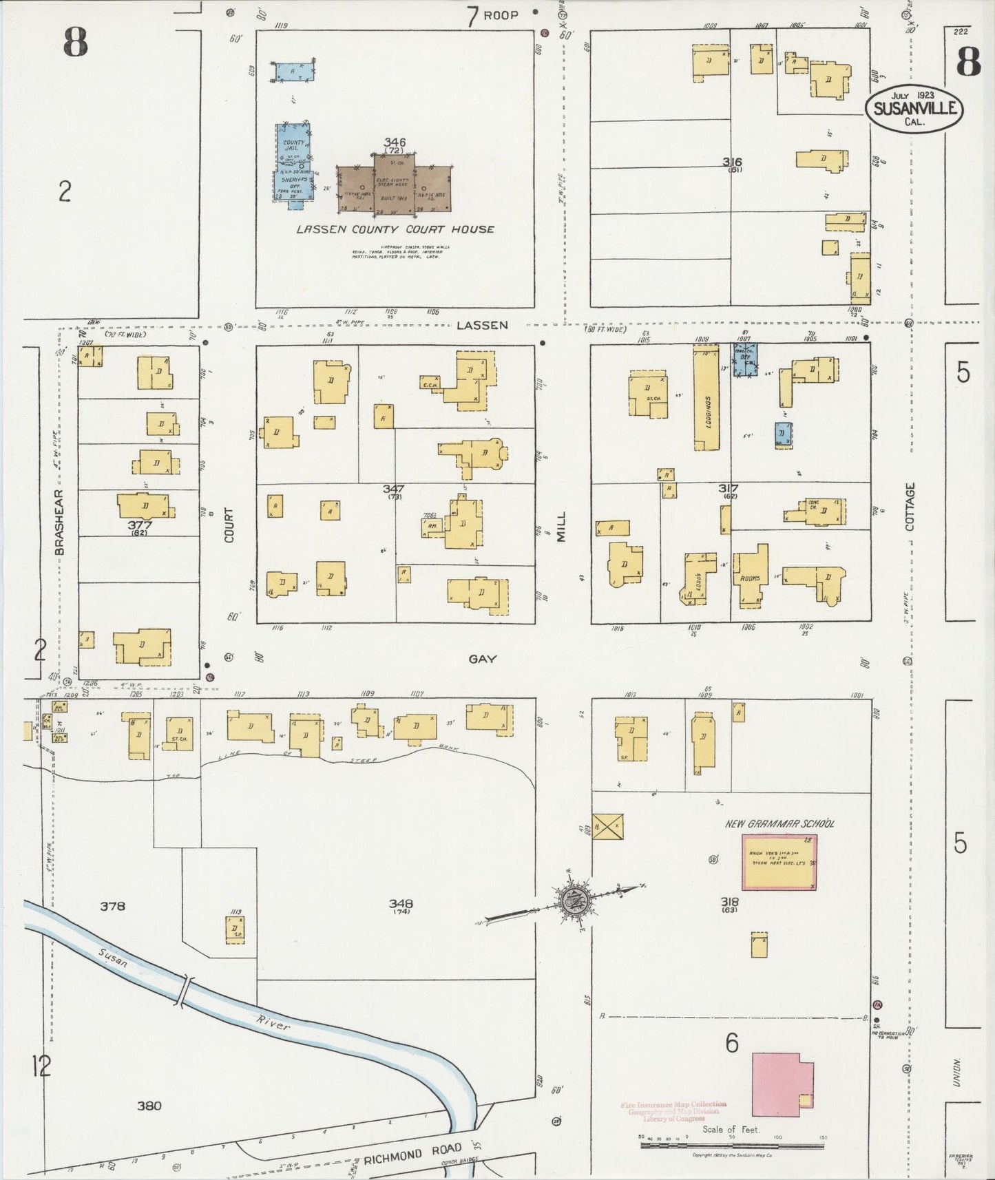 Sanborn Fire Insurance Map from Susanville, Lassen County, California (1923), Sheet #0008 - Complete Map Set gallery image, historic Sanborn map, vintage wall art, California California