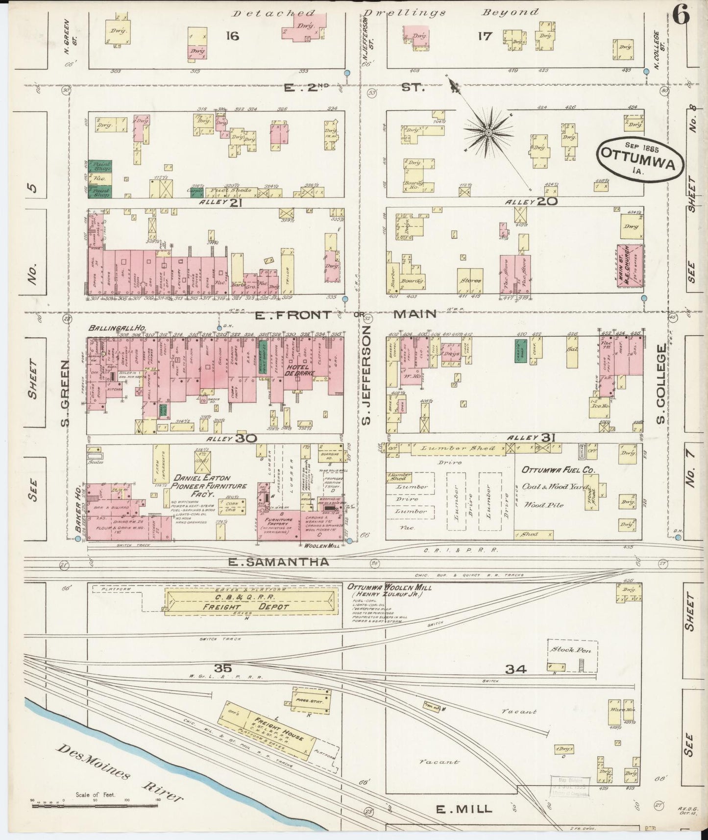 Sanborn Fire Insurance Map from Ottumwa, Wapello County, Iowa (1885), Sheet #0006 - Historic Sanborn Fire Insurance Map Print