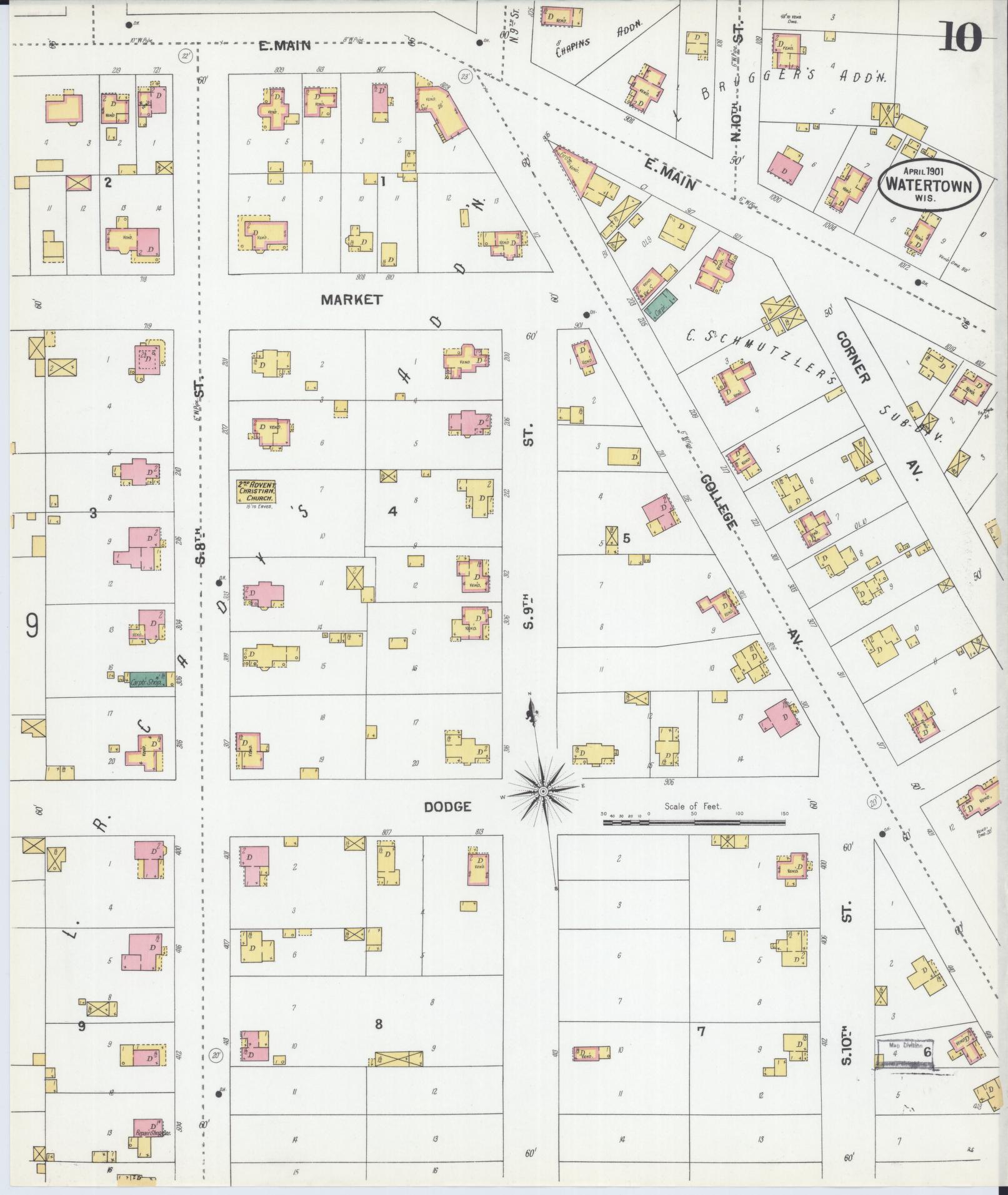 Sanborn Fire Insurance Map from Watertown, Jefferson County, Wisconsin (1901), Sheet #0010 - Historic Sanborn Fire Insurance Map Print, vintage old map wall art, antique decor, genealogy gift, Wisconsin Wisconsin map