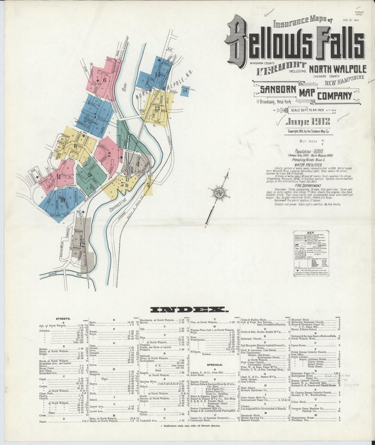 Sanborn Fire Insurance Map from Bellows Falls, Windham County, Vermont (1912), Sheet #0001 - Complete Map Set gallery image, historic Sanborn map, vintage wall art, Vermont Vermont