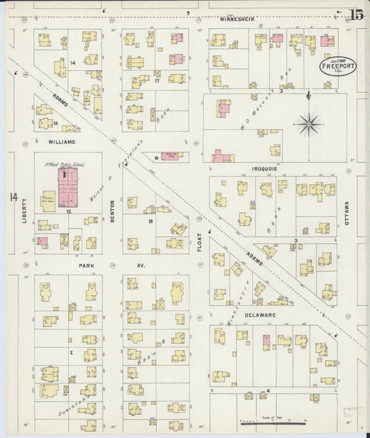 Sanborn Fire Insurance Map from Freeport, Stephenson County, Illinois (1897), Sheet #0015 - Historic Sanborn Fire Insurance Map Print, vintage old map wall art, antique decor, genealogy gift, Illinois Illinois map